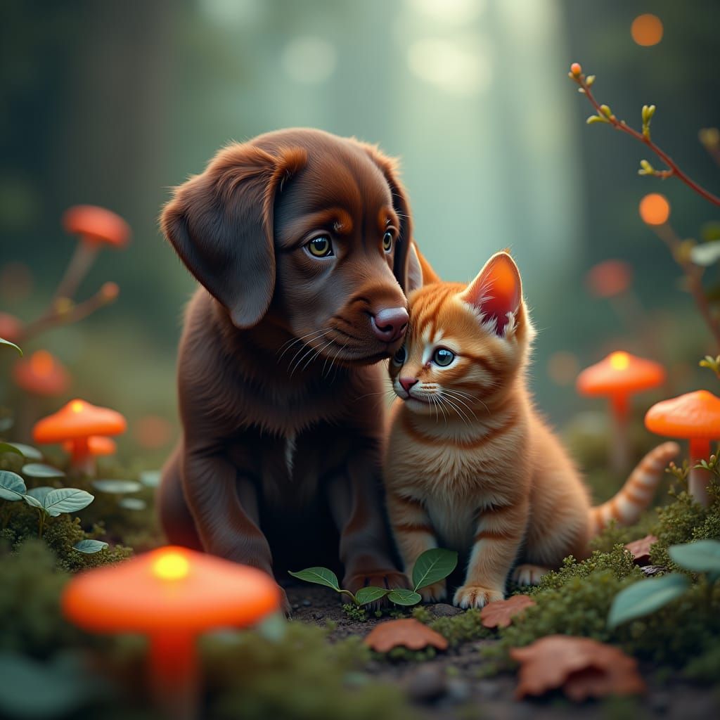 Labrador Puppy and Kitten Friendship in Fantasy Forest