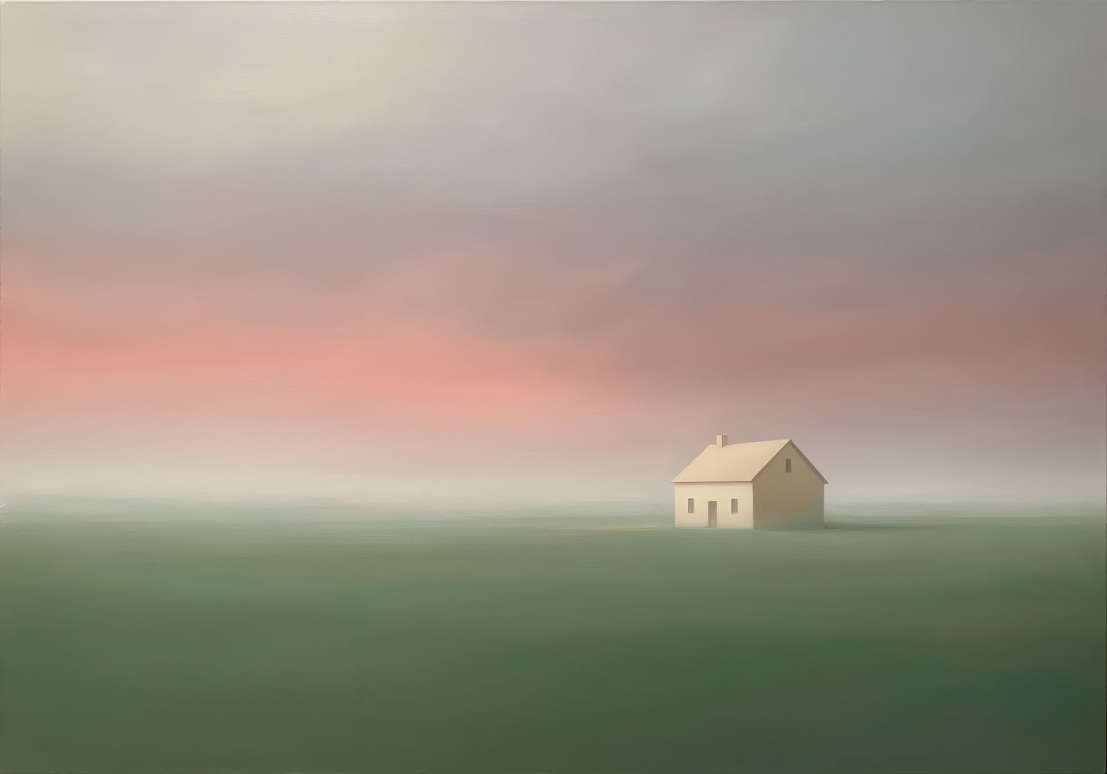 Luminous House in Misty Landscape Painting