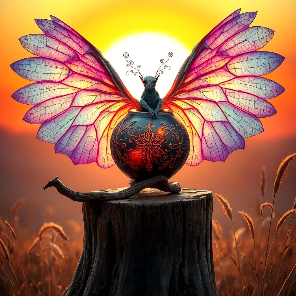 Surreal Postmodern Winged Creature in Exquisite Raku Pottery