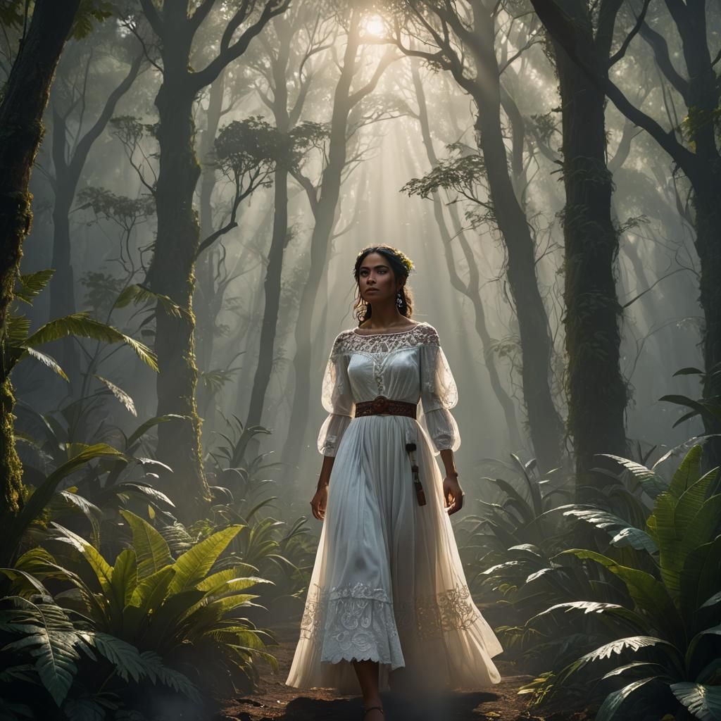 Mexican Girl in White Dress in Foggy Forest