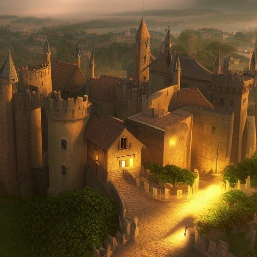 Medieval Village Castle: Detailed Matte Painting