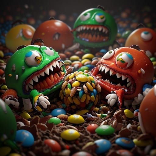 cannibal candies the M&M's attacking and eating each other