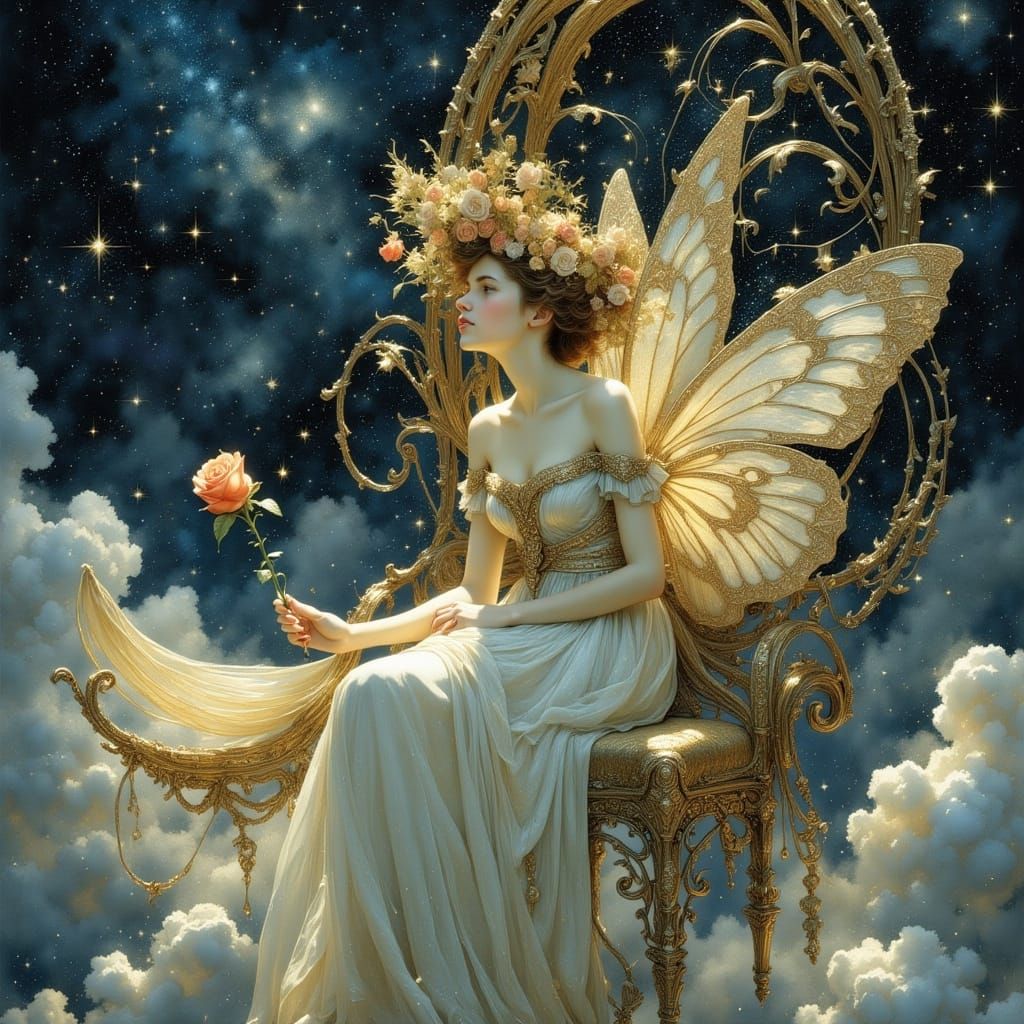 Ethereal Queen with Butterfly Wings in Art Nouveau Style