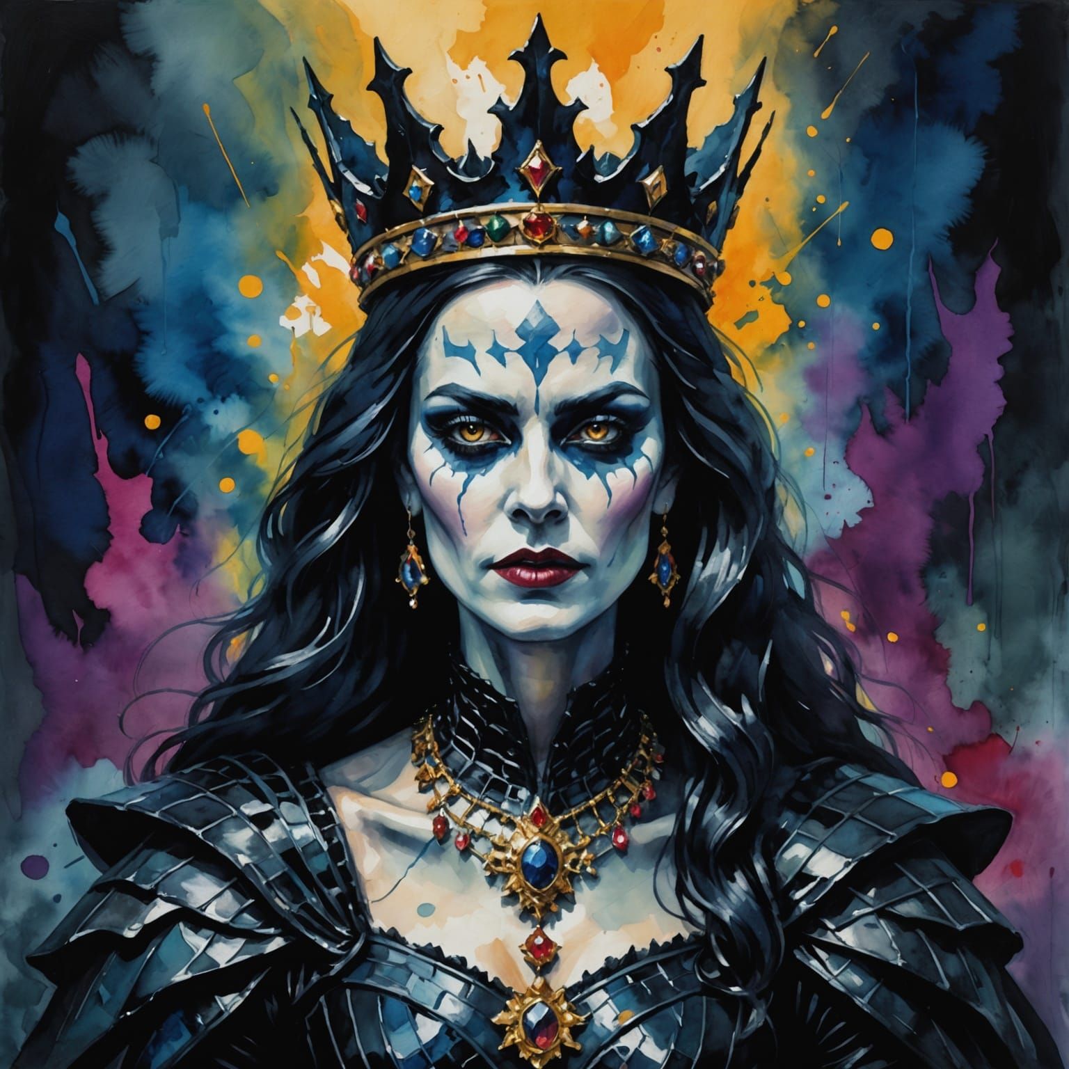 Dark Queen Reigns in Vibrant Gouache Majesty