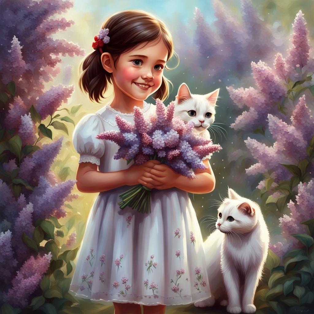 Girl with Lilacs and White Cat in Pastel Colors