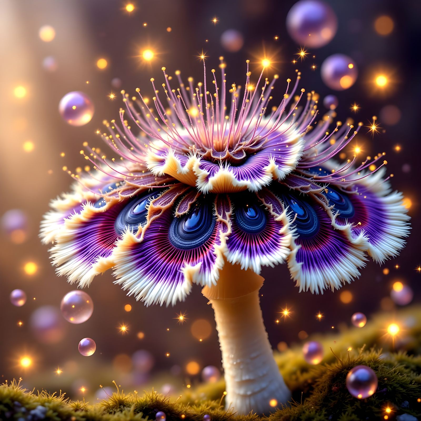 Glowing Fringed Mushroom in Dark Forest