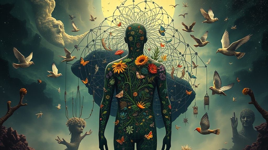 Surreal Ecosystem Man in Glowing Mist