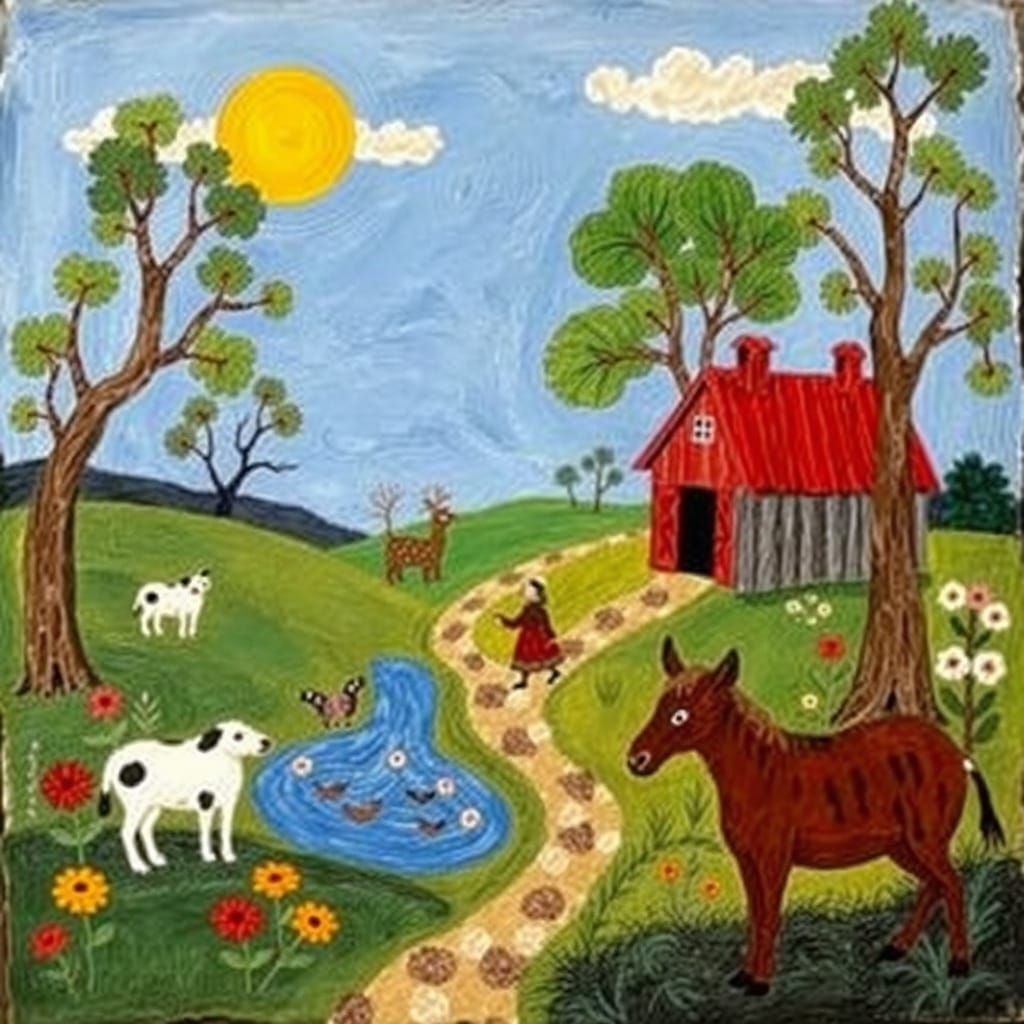 Naive Folk Art Scene with Vibrant Colors