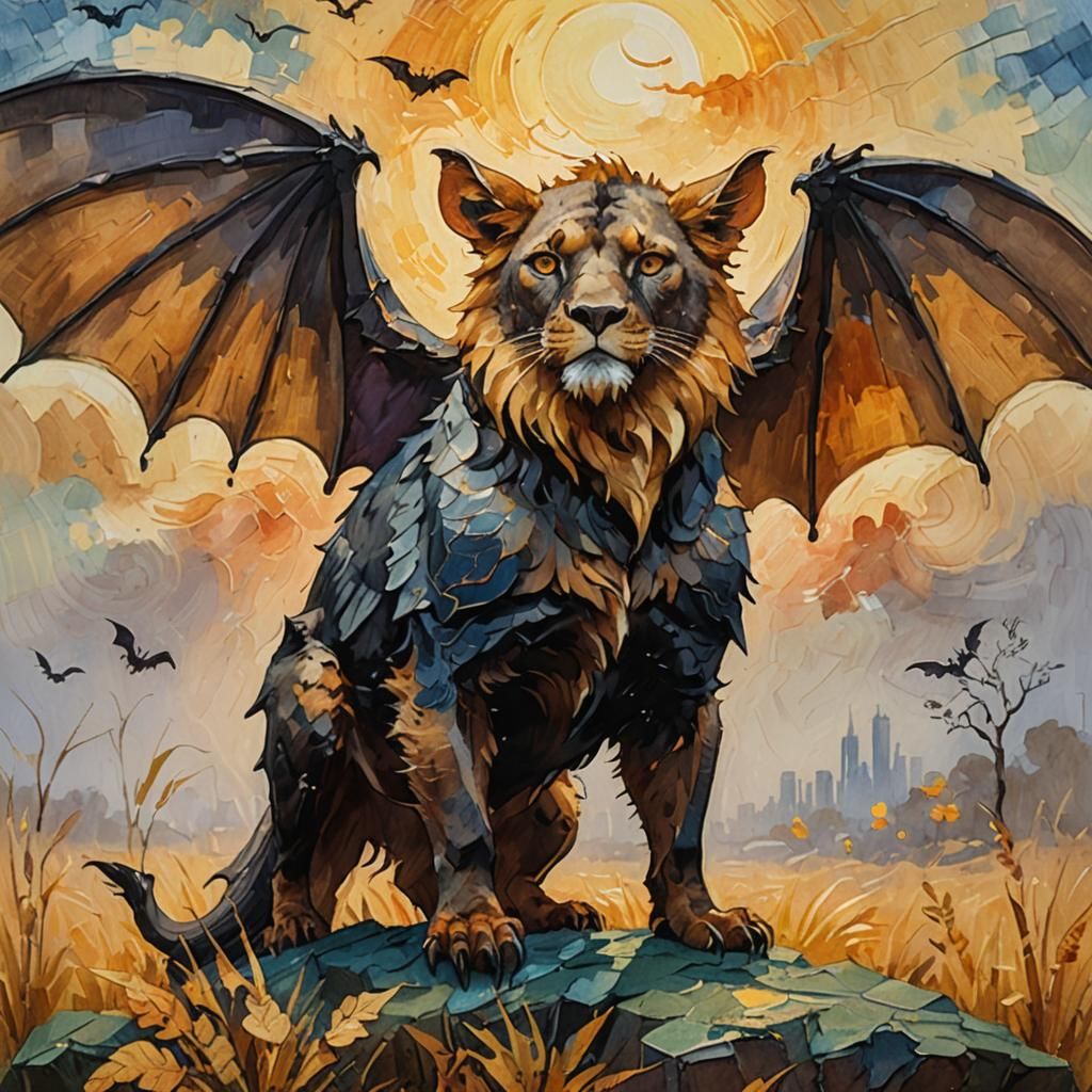 Lion-Bat Hybrid in Impressionistic Gouache Style
