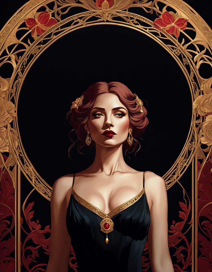 Elegant Woman in Black Dress: Art Nouveau Portrait