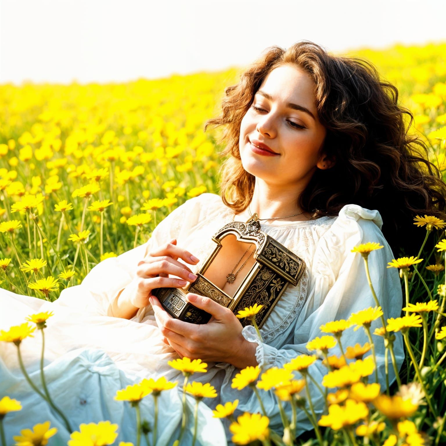 A Dreamy Fantasy Scene with a Woman in a Field of Dandelions