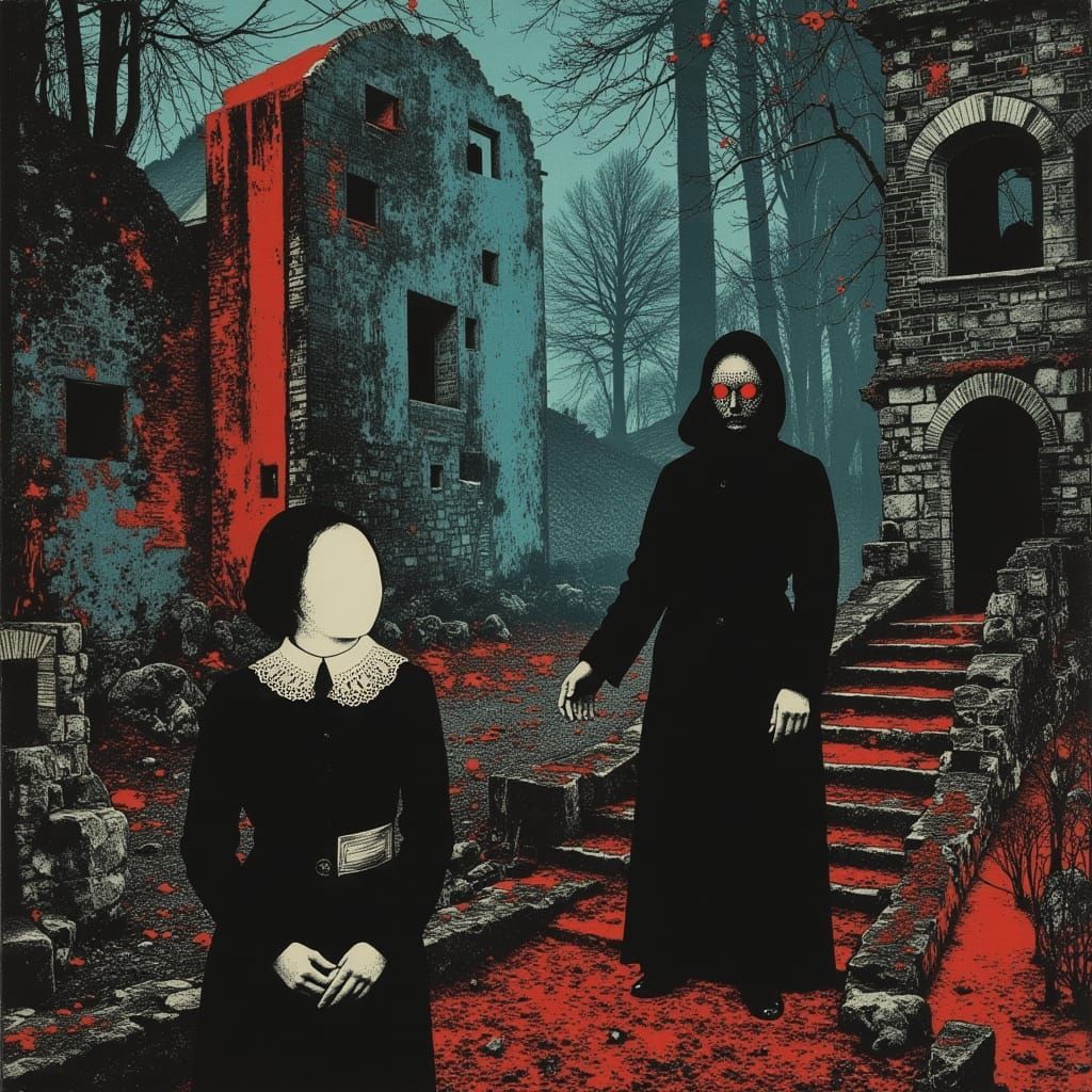 Baroque Cathedral Ruin with Masked Figures and Glowing Flora