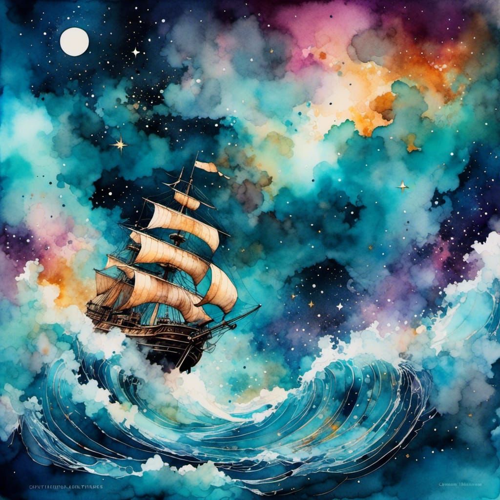 Starship Sails Through Galactic Space in Alcohol-Ink Style