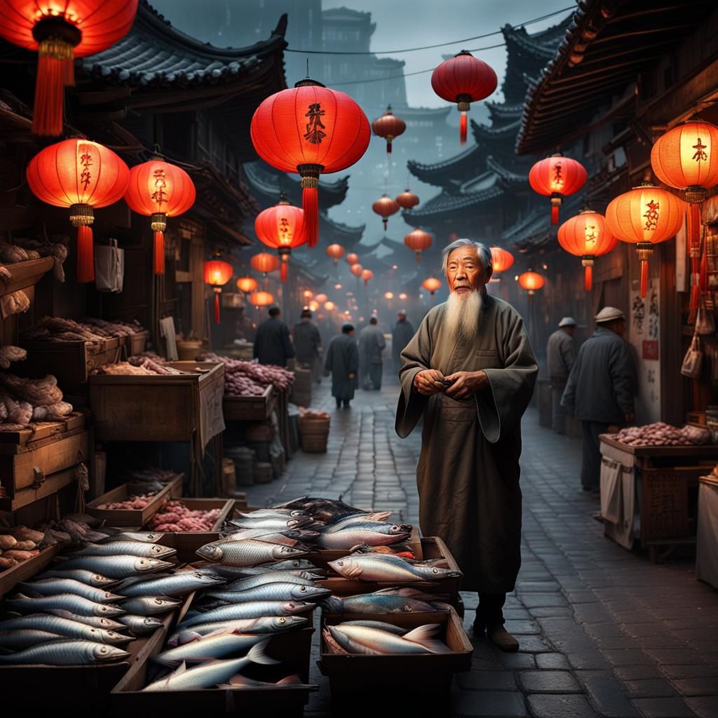Chinese Merchant at Night: Impressionist Digital Painting
