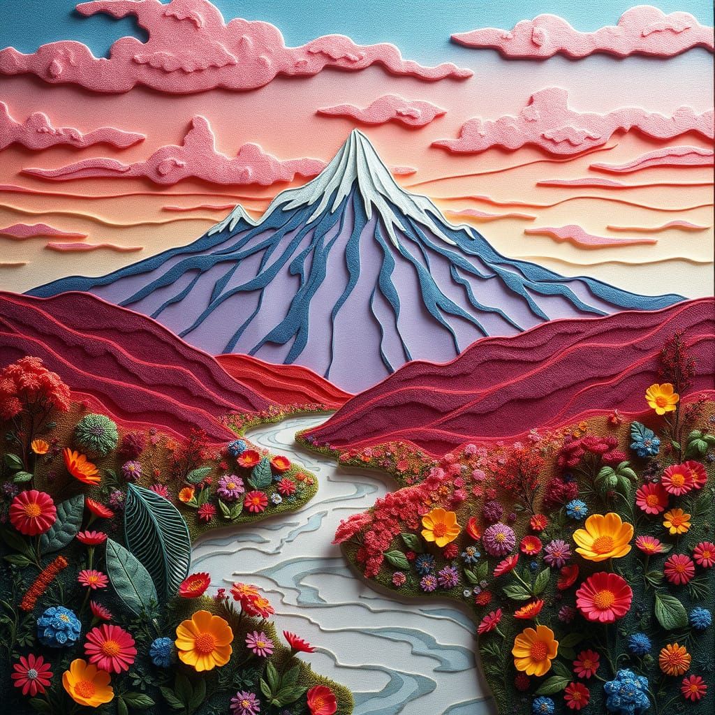 Luminous Embroidered Landscape in Whimsical Folk Art Style