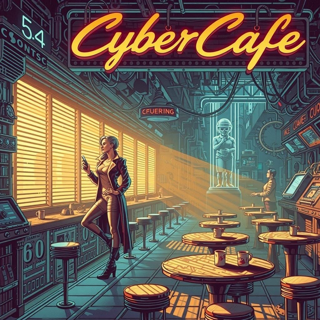 Epic Cyberpunk Chiaroscuro Cybercafé Scene