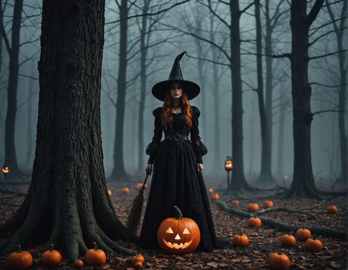 Witch in Haunted Forest with Jack-o-Lantern