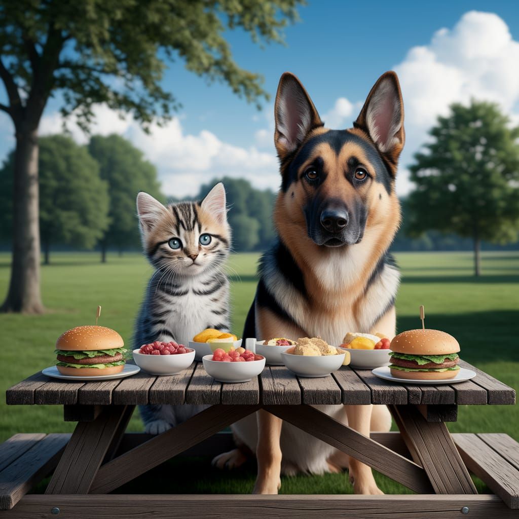 Cute Canine Friends Enjoy a Rustic Picnic in the Park