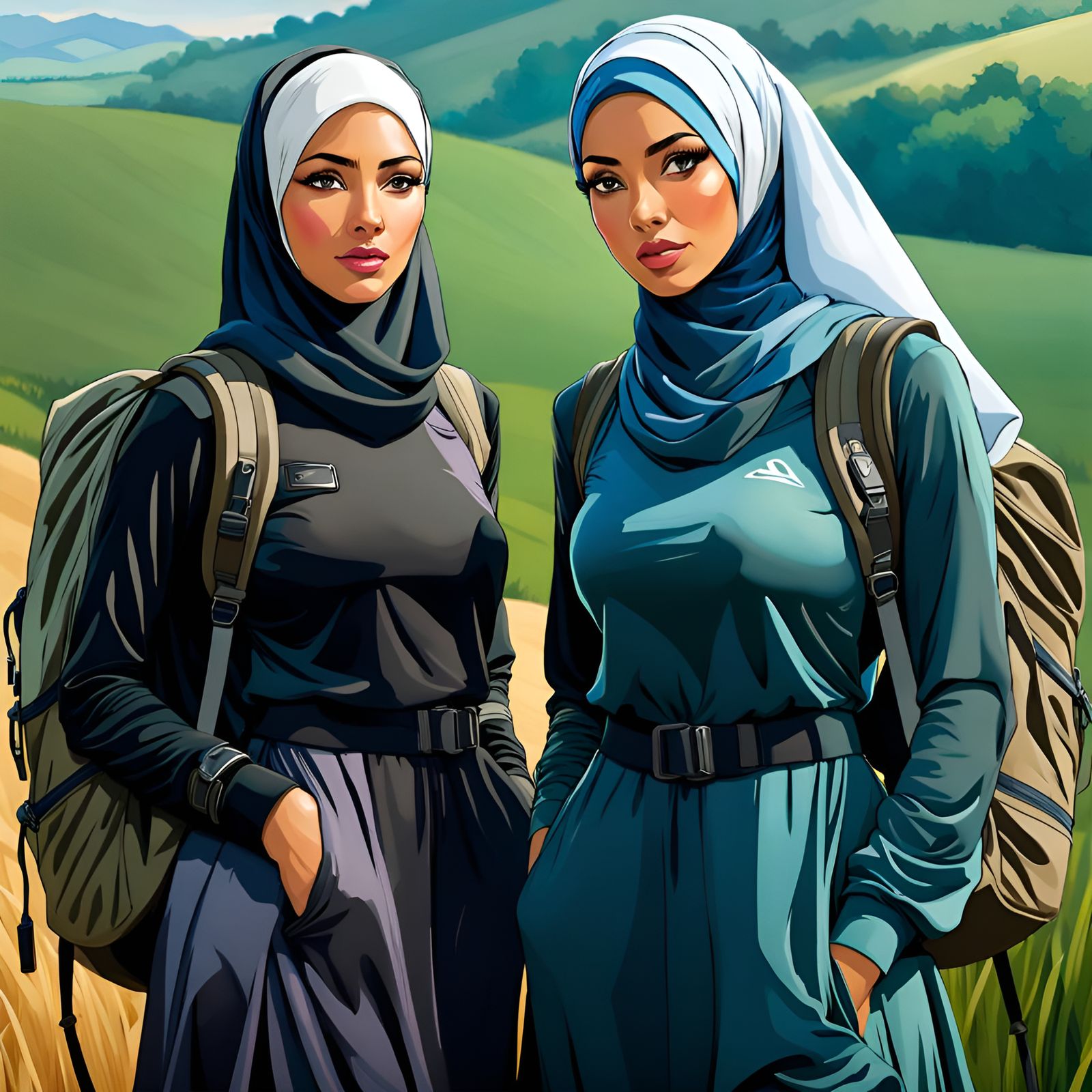 Hijabi Women Hiking in Lowland Countryside