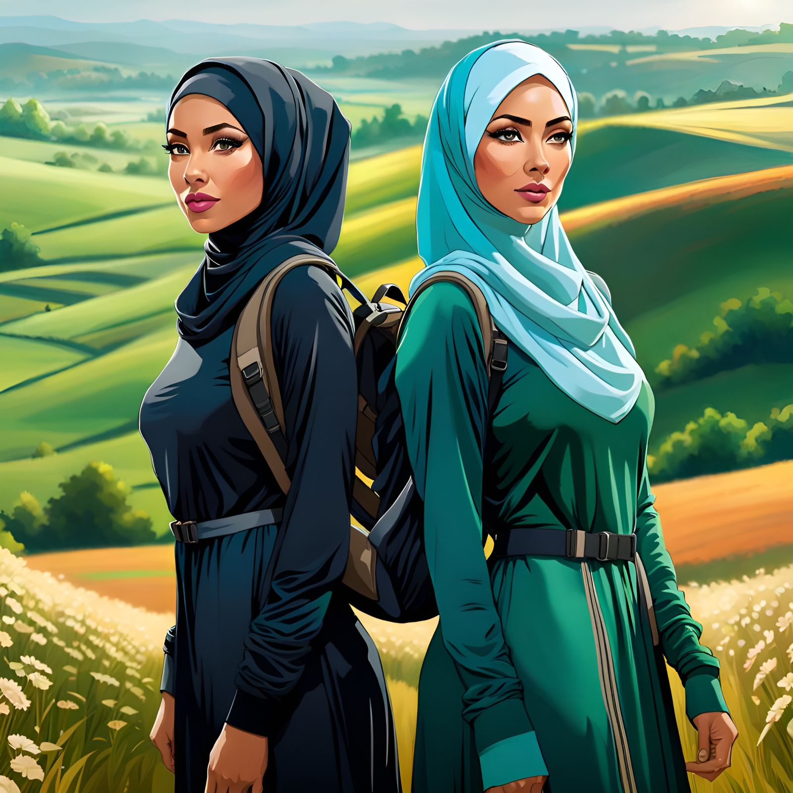 Hijabi Women Hiking Through Countryside: Digital Art
