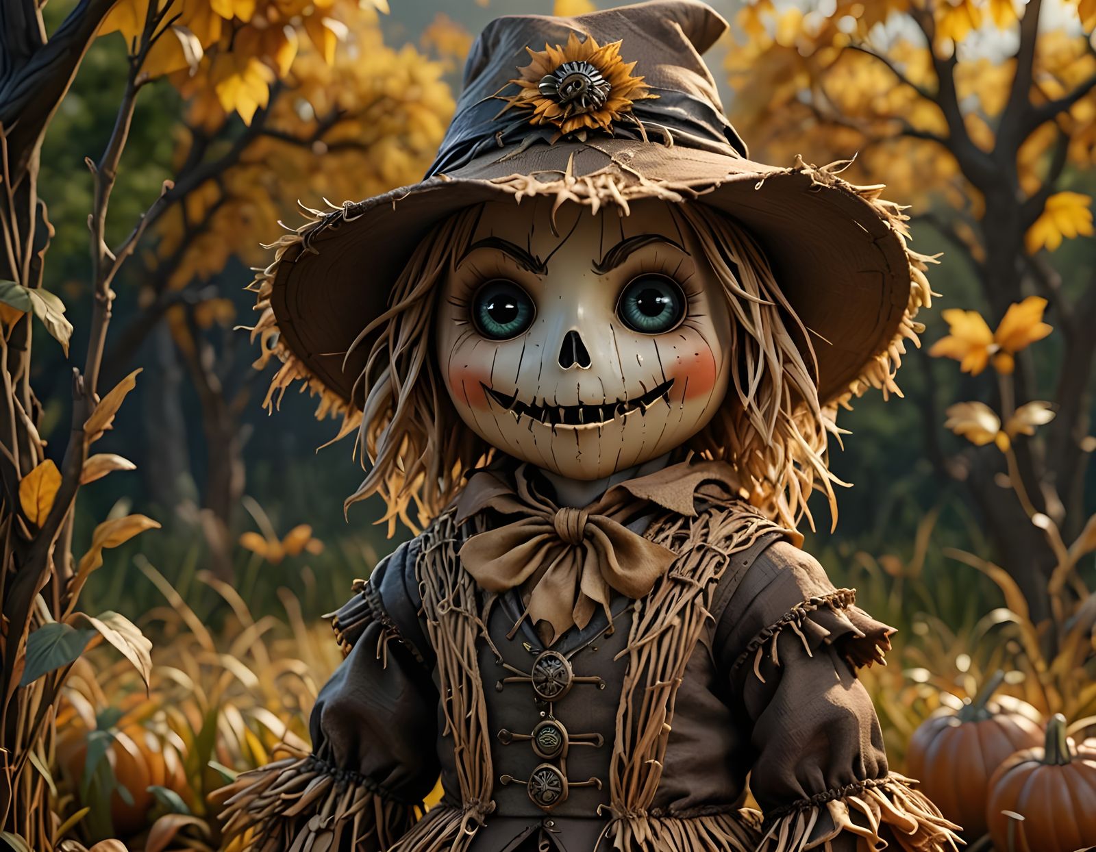 Adorable Chibi Scarecrow in Photorealistic CGI Style