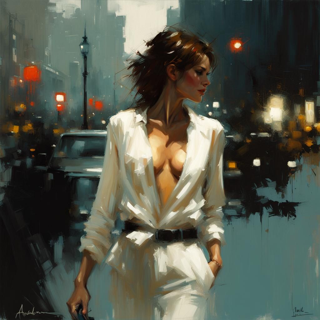 Elegant Woman in an Urban, Impressionistic Style
