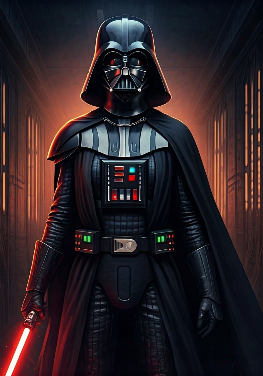 Concept art. Woman in Darth Vader costume stands confidently in a dimly lit, industrial hallway. Inspired by Star Wars c...