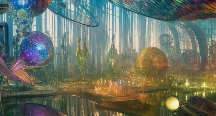 Retrofuturistic Glass City in Solarpunk Style