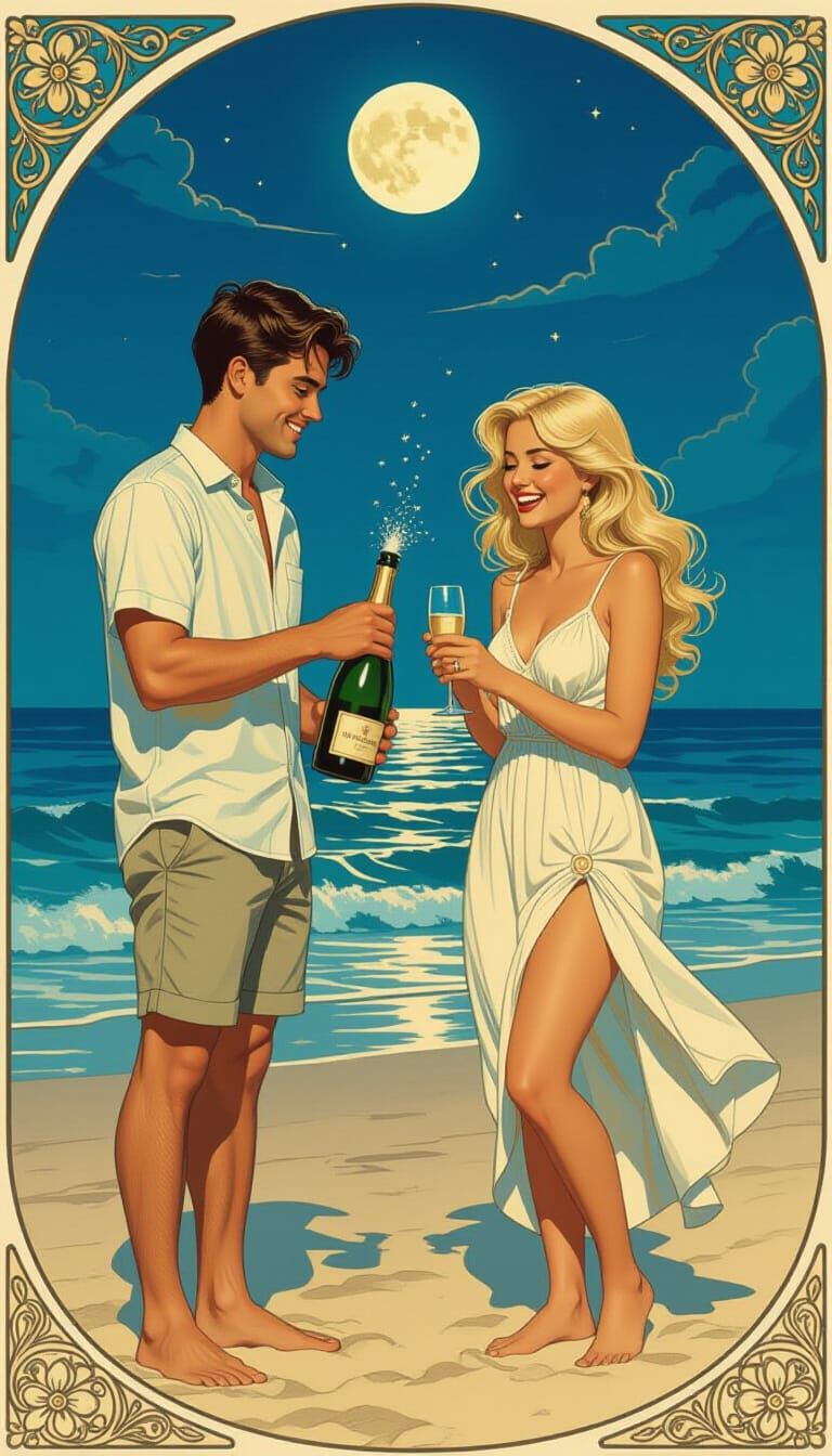 Champagne Beach Celebration in Alphonse Mucha Style