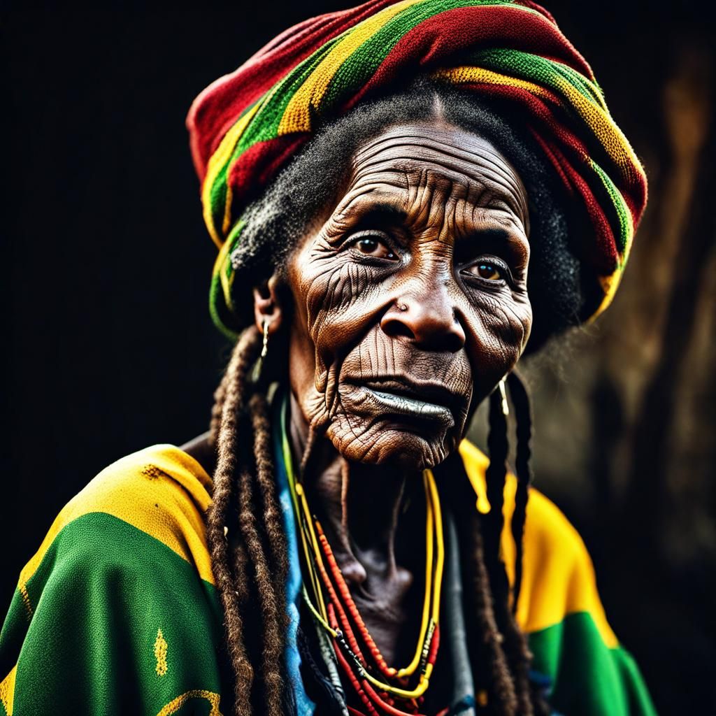 Detailed Portrait of an Old Rastafari Woman