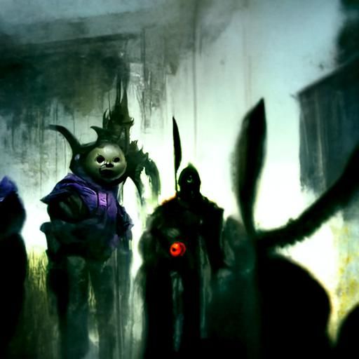 Sinister Teletubbies Gang Stalking in Dark Fantasy Style