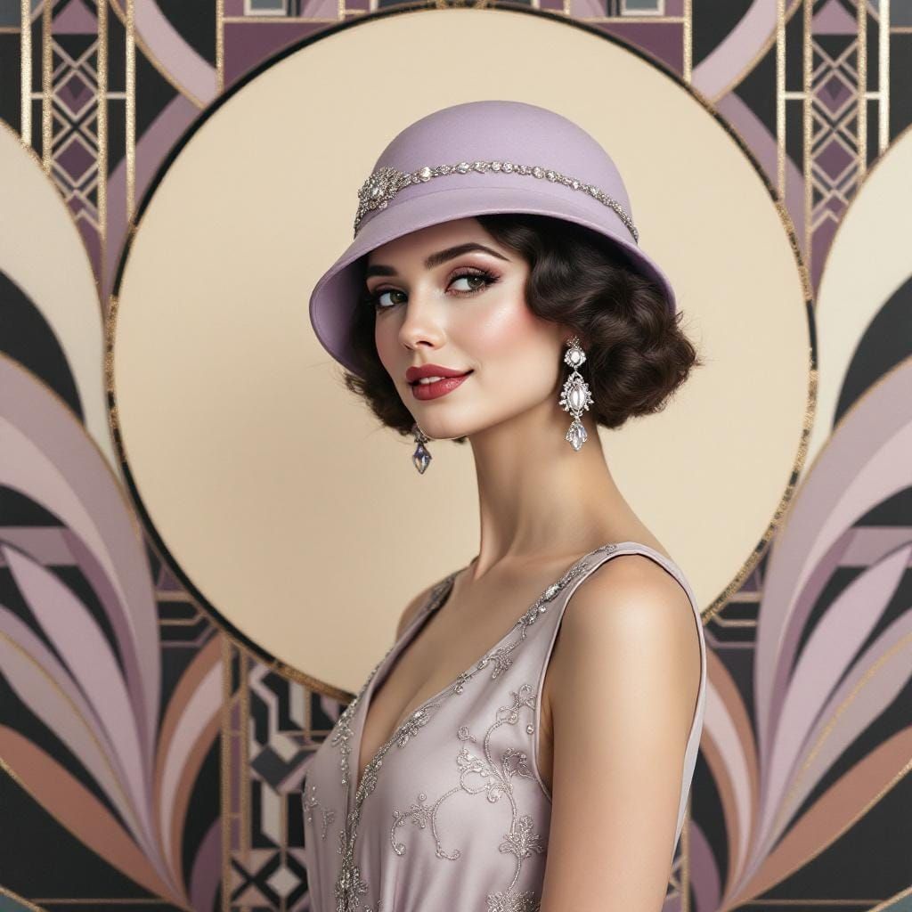 Art Deco Portrait of a Woman in Lilac and Silver