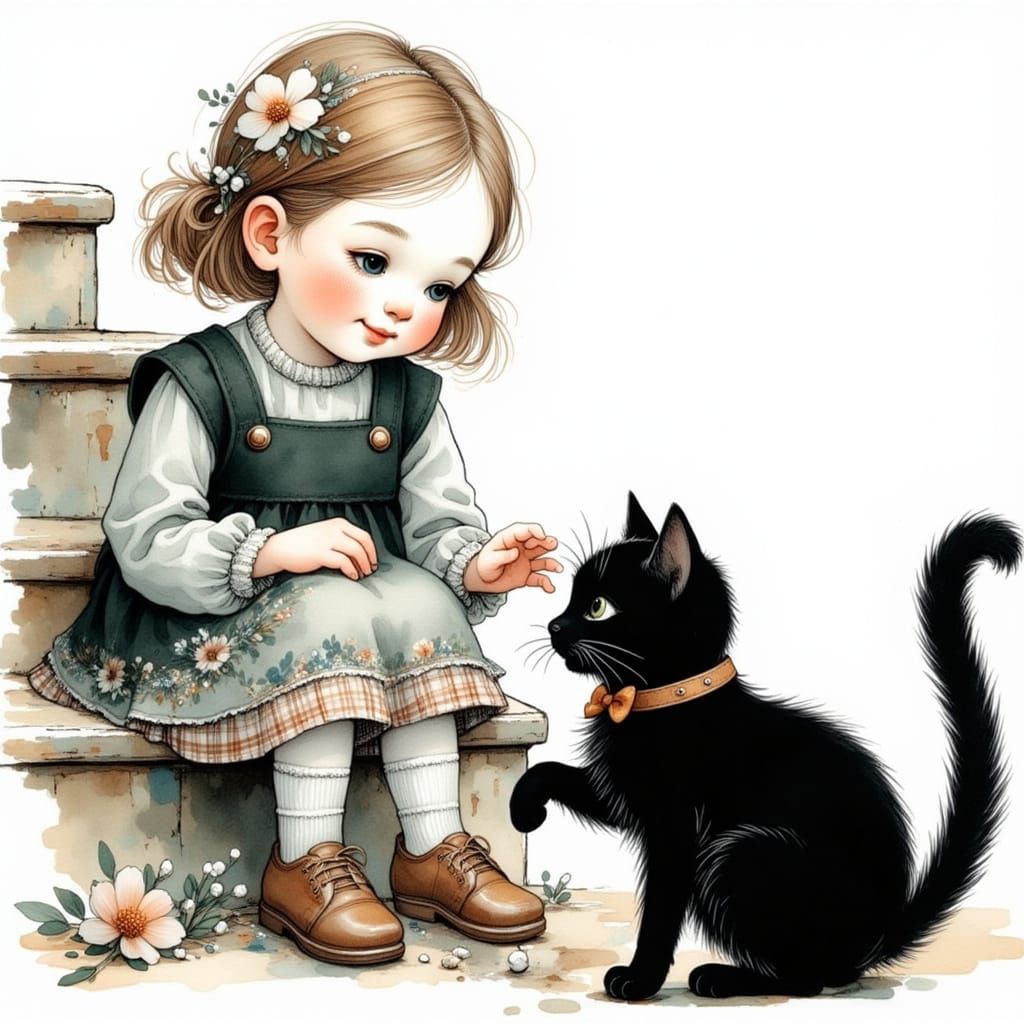 Whimsical Girl and Black Cat on Vintage Steps