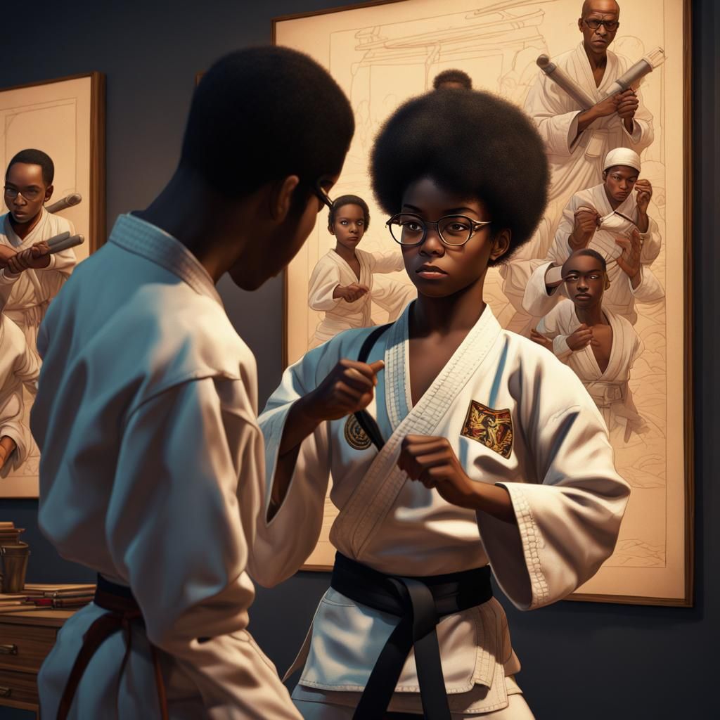 1970s Karate Class Training in Museum at Night