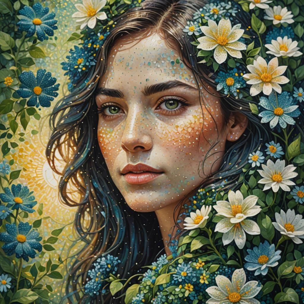 Pointillist Woman Portrait with Flowers