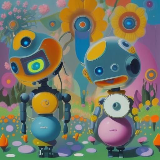 Cute Robots in Flower Garden, Surrealist Style