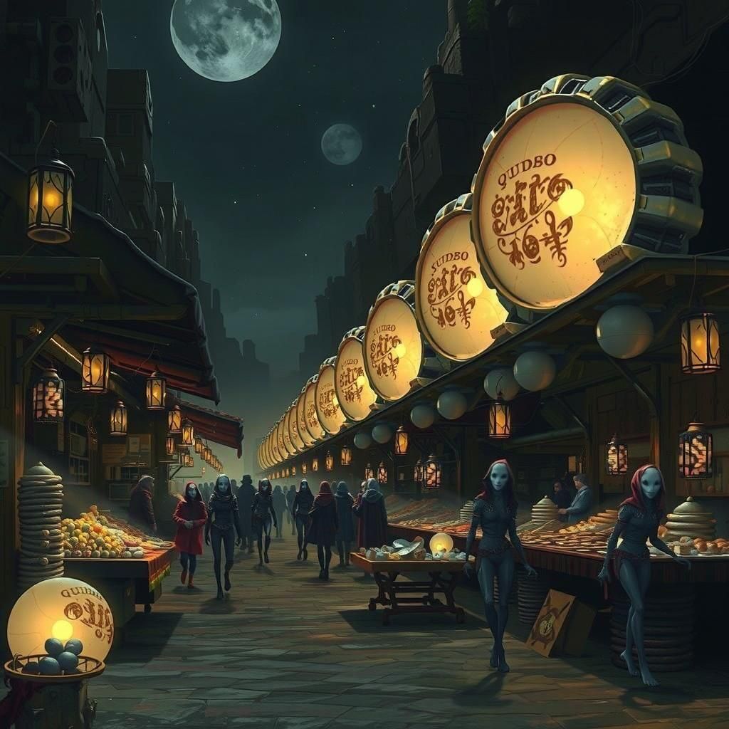 Alien Night Market with Luminous Shells