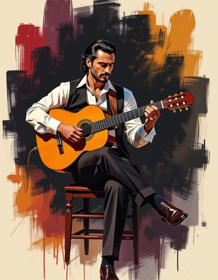 Man Playing Guitar in Tenebrism Abstract Style