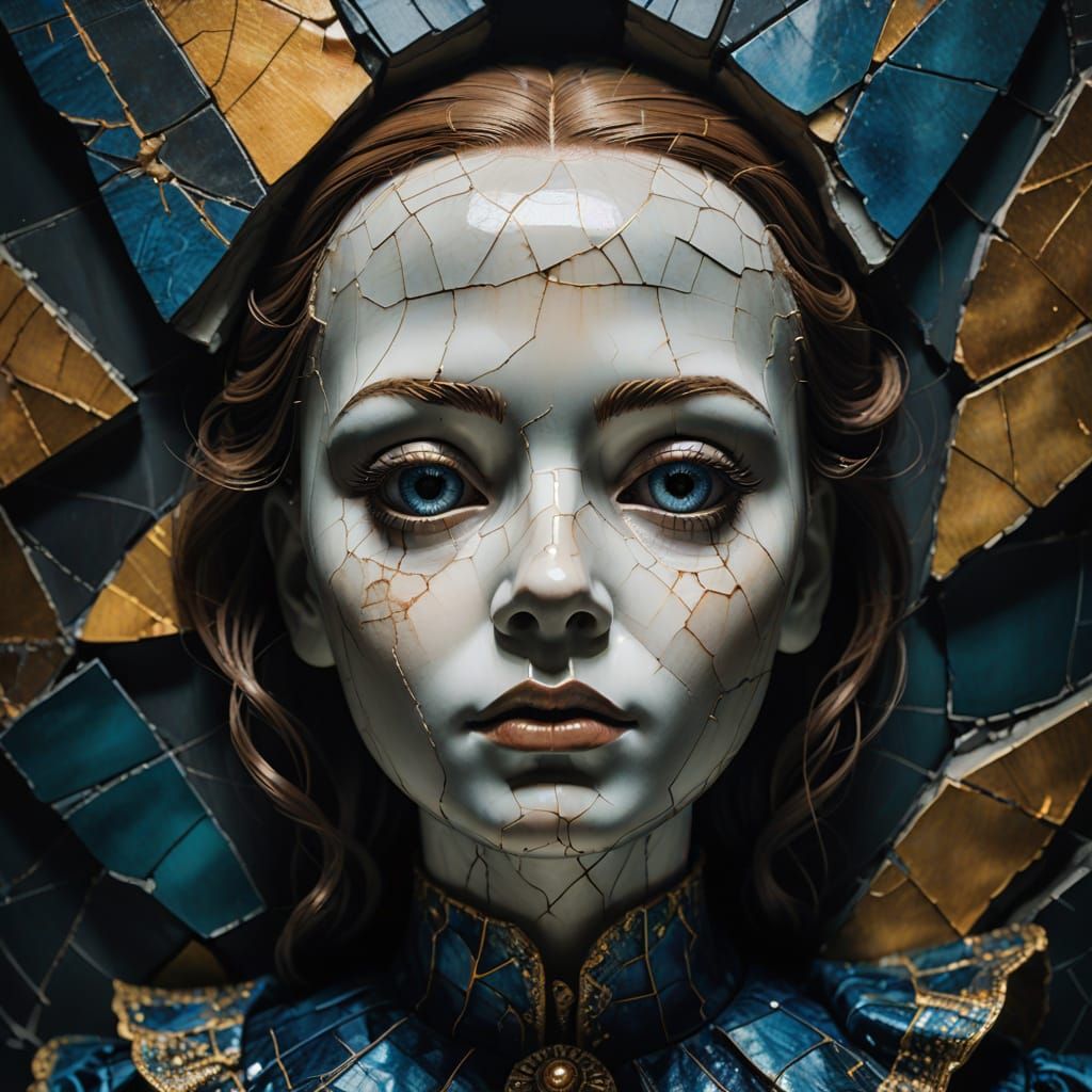 Surrealistic Doll's Face in Mystical Chamber