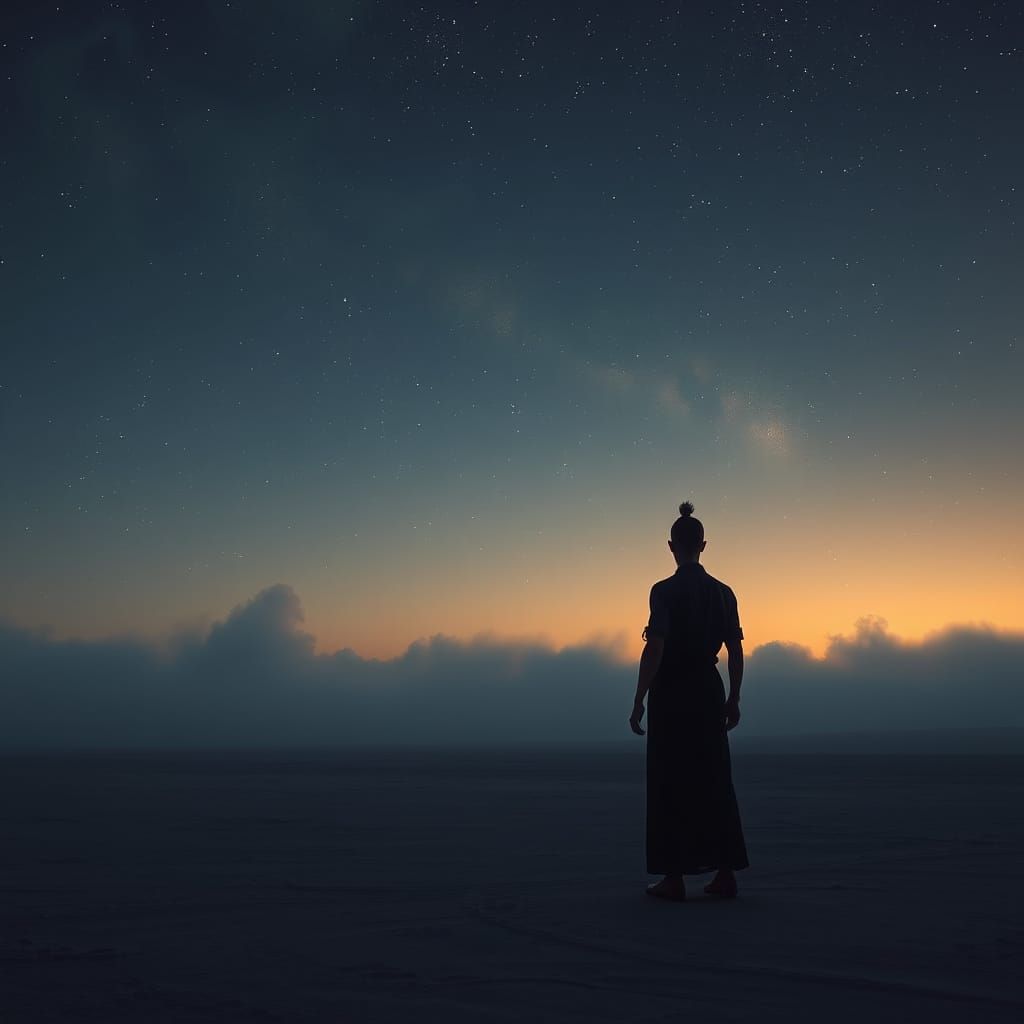 Cosmic Loneliness: Surreal Figure Gazes at Nebula Sky