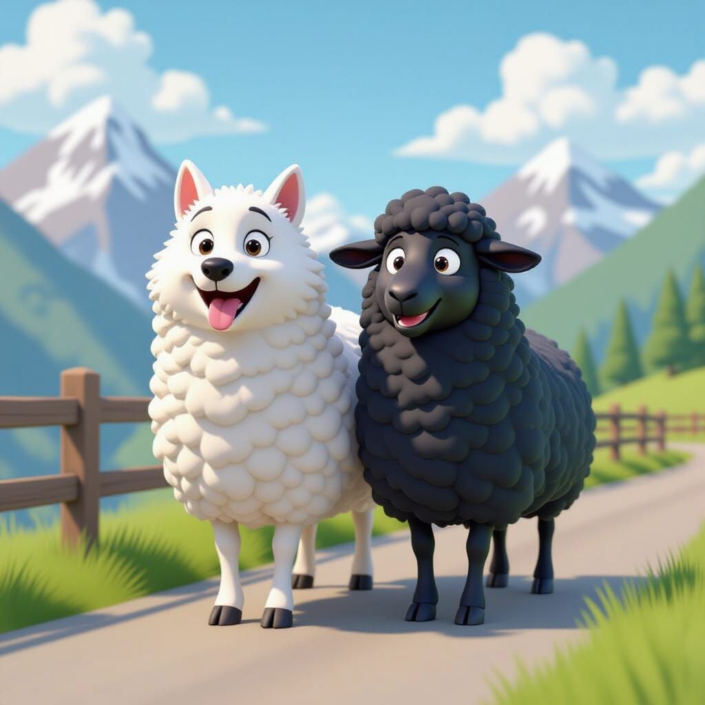 White Wolf and Black Sheep Ride in Mountains, Pixar Style