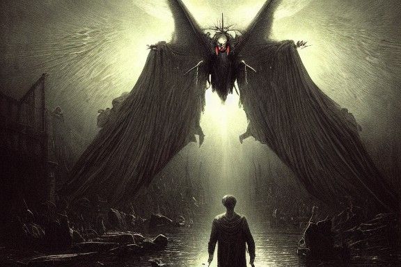 Mothman Above Bridge in Dark Fantasy Style