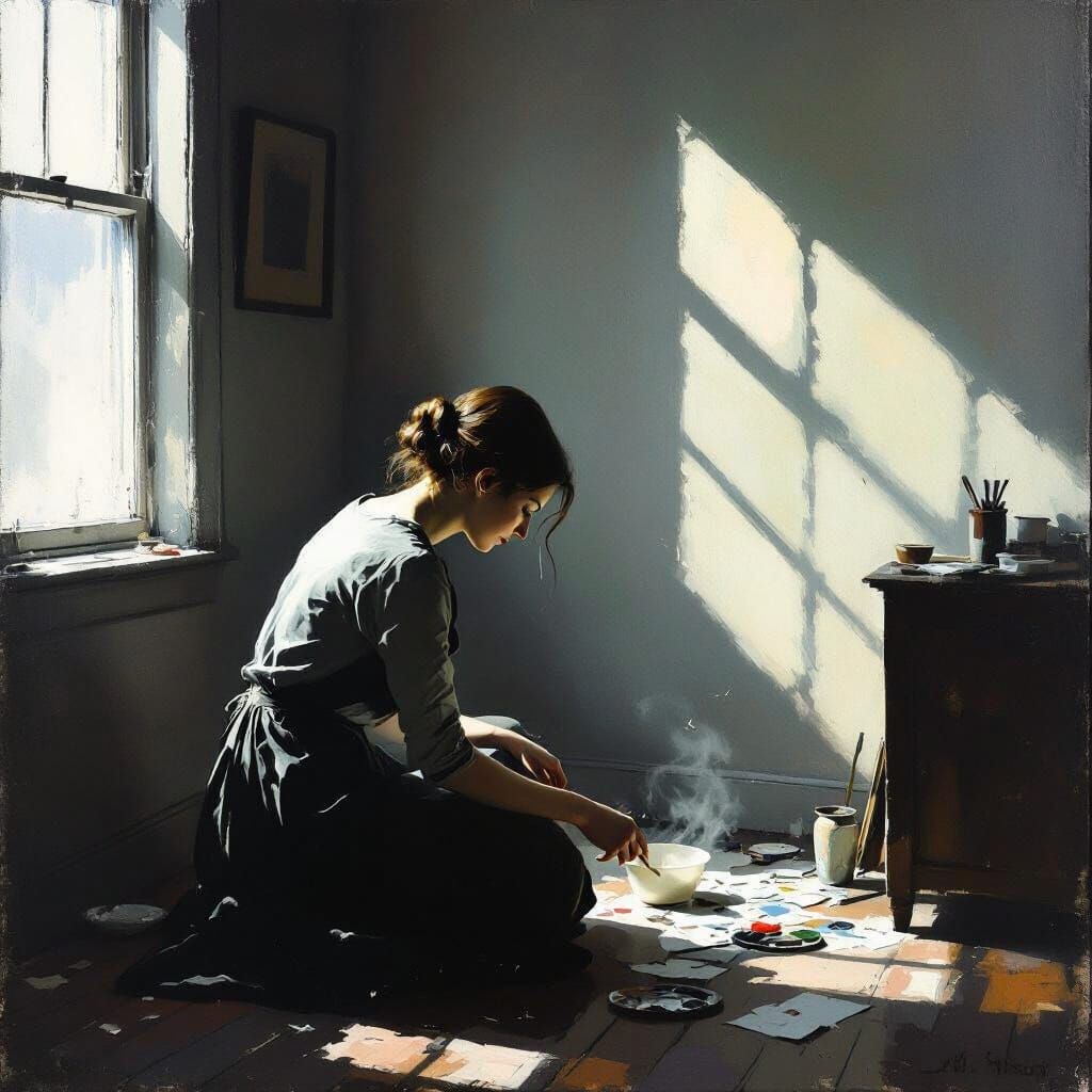 Woman Cleaning Apartment with Art Supplies, Hopper Style