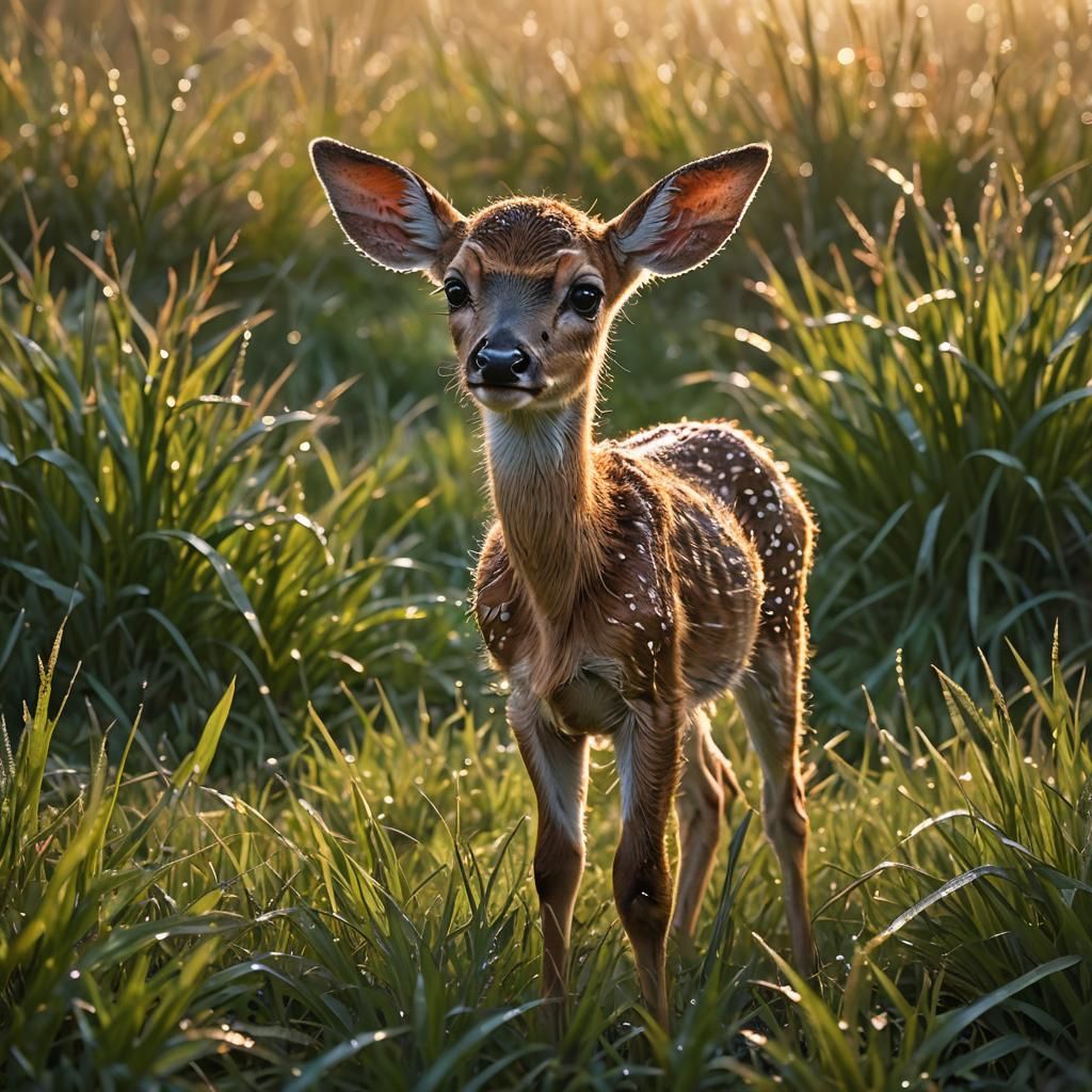 Fawn in Dewy Grass: Ultra-High-Definition Morning Light