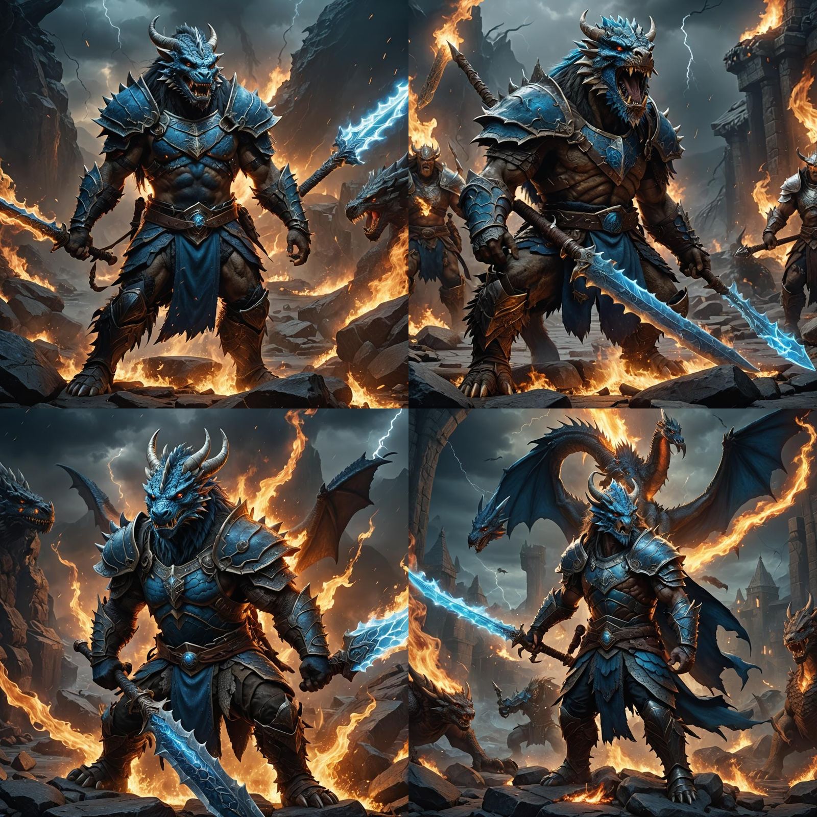 Dragonborn Barbarian with Flaming Sword, Dark Fantasy Art