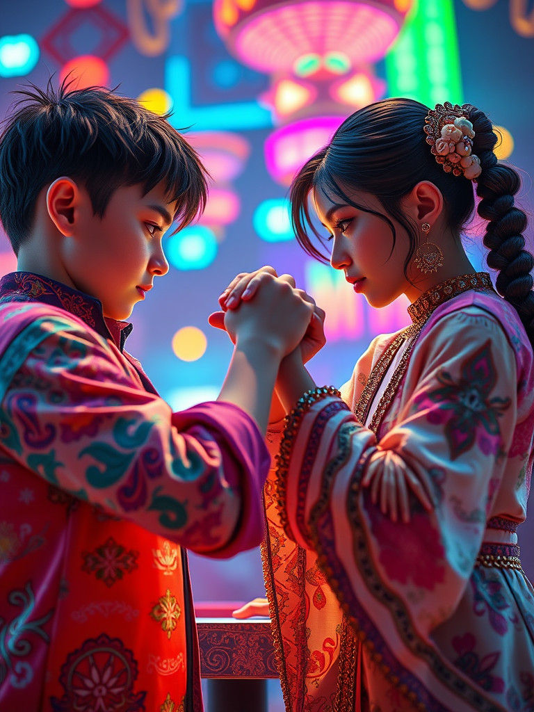 Intense Arm Wrestling in Anime-Inspired Neon Dreamscape