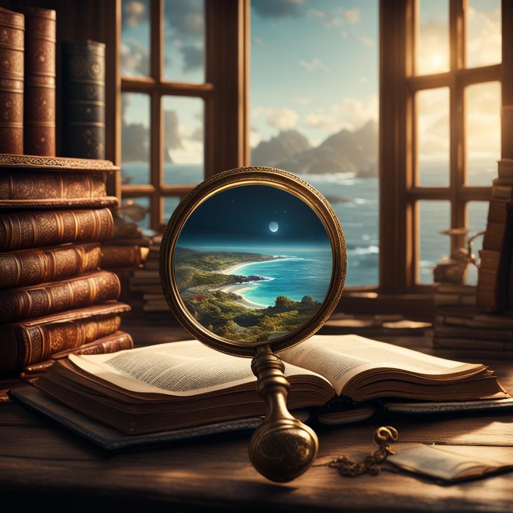 Magnifying Glass on Book in Library: Matte Painting