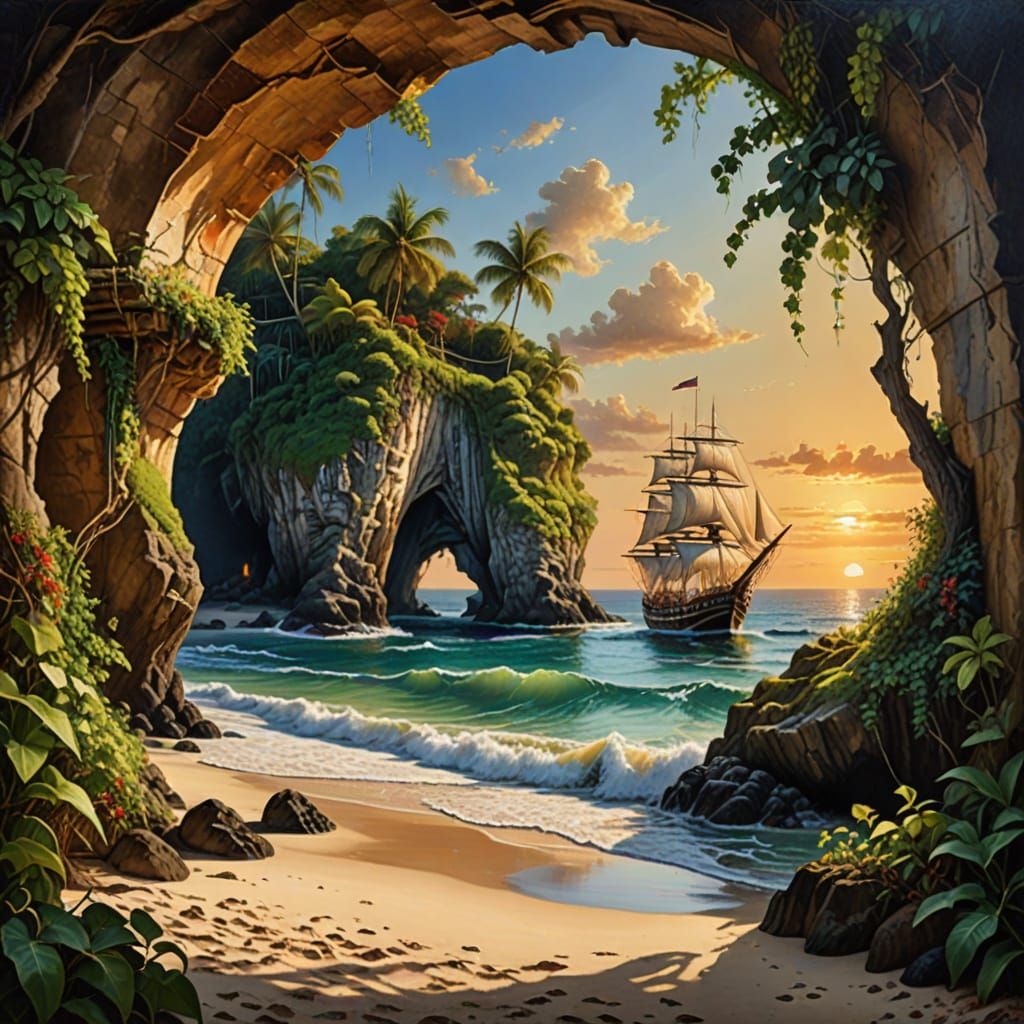 Romantic Galleon Sunset in Tropical Paradise