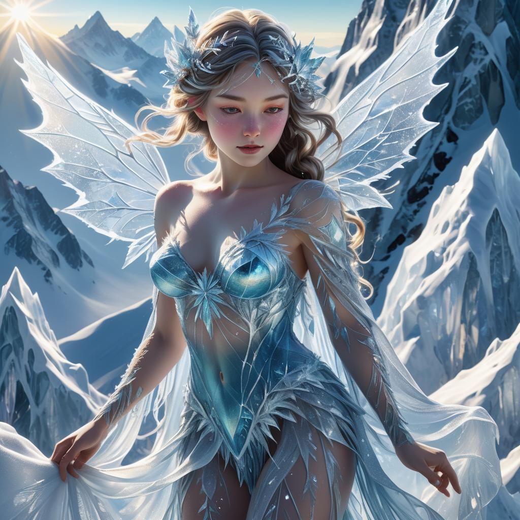 Mountain nymph enhanced with delicate frost textures, intricate details visible in every ice crystal, surrounded by a sn...