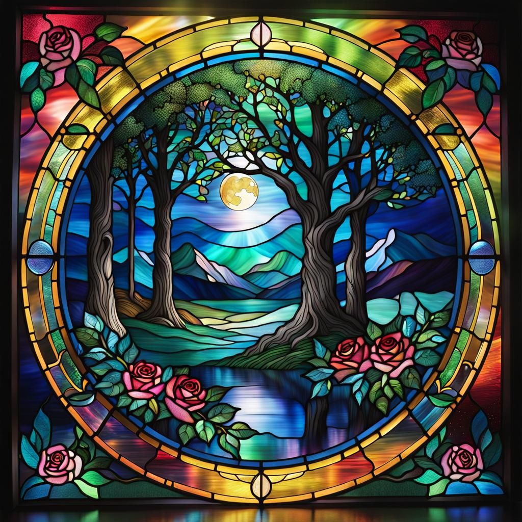 Detailed Stained Glass with Moon and Rainbow Aura